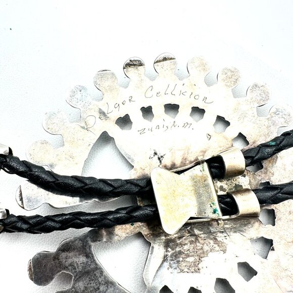 Rare Native American Zuni Cellicion Sterling Turquoise Large Sunface Bolo Tie - Picture 9 of 9